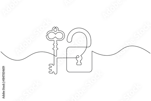 Data protection shield with padlock continuous line vector illustration

