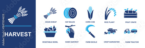 Harvest icon set. Containing grain sheaf, hay bales, corn cob, rice plant, fruit crate, vegetable bowl, hand harvest, farm sickle, crop harvester, farm tractor and more. Solid vector icons