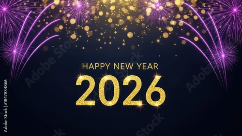 Wallpaper Mural Happy New Year 2026 gold numbers with purple fireworks Torontodigital.ca