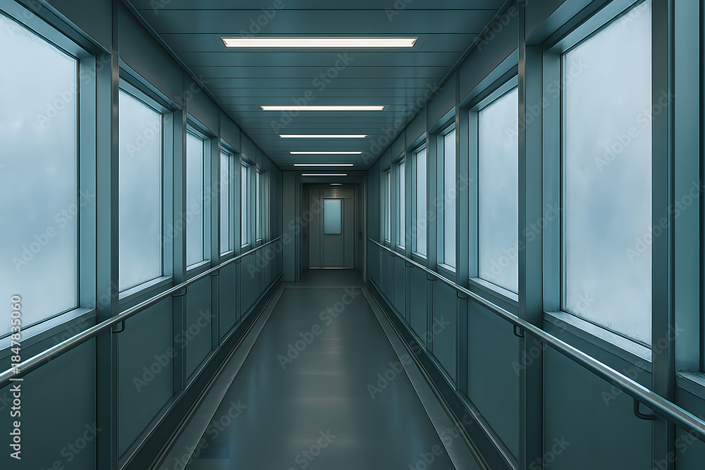 Obraz premium A cold winter walkway leads through a pristine boarding bridge filled with icy reflections