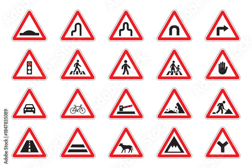 Road warning sign icon set with traffic and pedestrian symbols