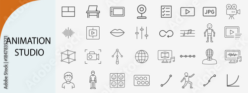 “animation studio icon set, minimal vector design for video production and motion graphics tools”