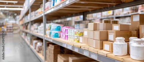 Wallpaper Mural Supermarket interior with shelves filled with various products in a blurred background showcasing light and shadow effects Torontodigital.ca