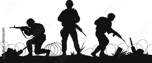 Silhouette of modern soldiers with rifles in tactical combat positions behind barbed wire isolated on white background for military defense concepts