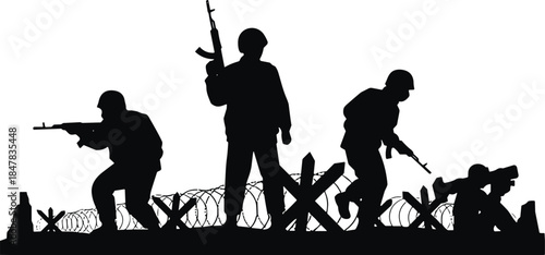 Silhouette of armed soldiers in combat positions behind barbed wire isolated on white background representing military defense, war, and security concepts