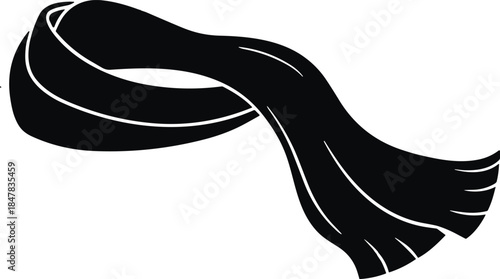 Black scarf silhouette illustration flowing fabric accessory isolated on white background for fashion, winter clothing, textile, and design concepts