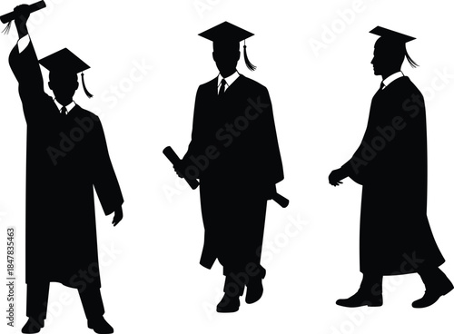 Silhouette of graduation students in caps and gowns holding diplomas isolated on white background representing academic success and education achievement