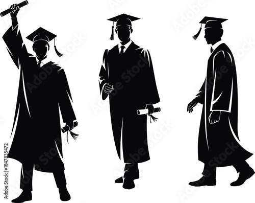 Silhouette set of graduate students holding diplomas and celebrating graduation isolated on white background for education success concepts