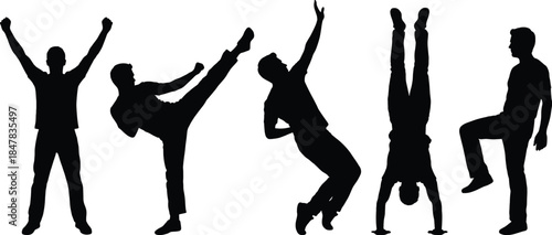 Cartoon silhouette poses, expressive human movement, editable vector clipart, isolated, black figures, dance, martial arts, gymnastics, drama