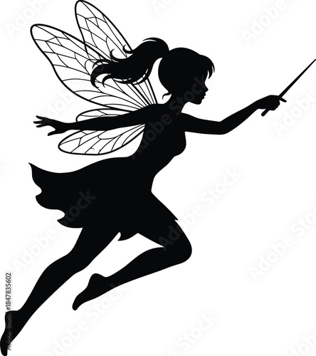 Magical Fairy Silhouette Flying with a Magic Wand and Beautiful Wings Isolated on White Background for Fantasy and Mythical Designs