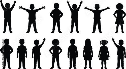 Set of child silhouettes in various standing and playful poses isolated on white background for education, family, design concepts