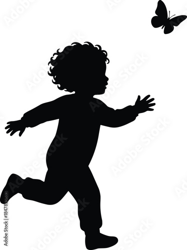 Small Young Child Silhouette Running After a Flying Butterfly with Curly Hair Isolated on White Background for Magical Childhood Designs