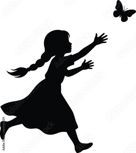 Young Girl Silhouette with Long Braided Hair Running to Catch a Flying Butterfly Isolated on White Background for Magical Designs