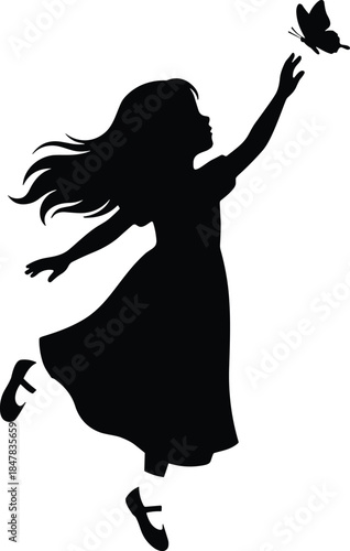 Little Girl Silhouette Jumping to Catch a Butterfly in a Dress Isolated on White Background for Magical Nature Concept Designs