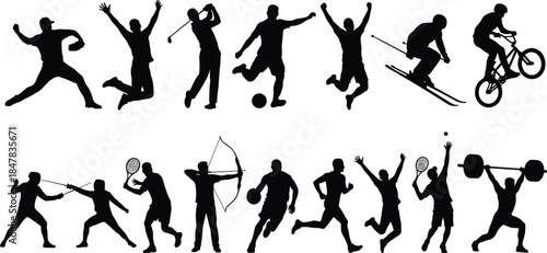 Large Collection of Athlete Silhouettes Playing Various Sports and Fitness Activities Isolated on White Background for Professional Sports Graphic Design