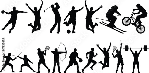 Large Set of Action Sport Silhouettes with Athletes Playing Soccer Tennis Golf and Fitness Training Isolated on White Background for Design