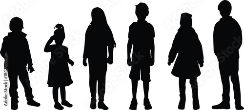 Set of Children Silhouettes Standing Together in a Row with Boys and Girls Isolated on White Background for Graphic Design