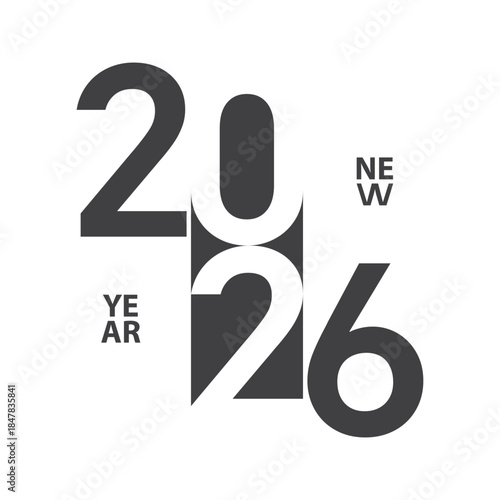 Happy New Year 2026 typography design poster black and white