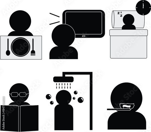 Daily activities icon set vector illustrating common everyday routines such as eating, watching television, sleeping, reading, showering, and brushing teeth.