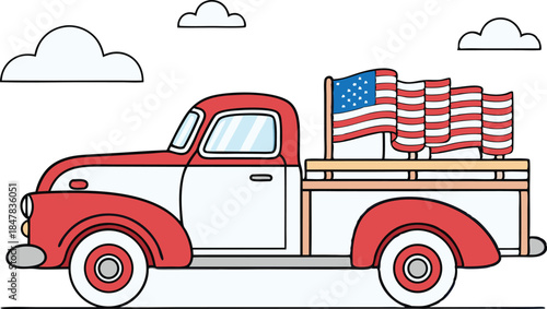 Vintage Pickup Truck Carrying American Flags Vector Illustration