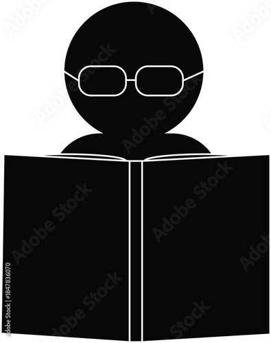Minimalist reading book icon vector illustrating a person wearing glasses reading an open book.