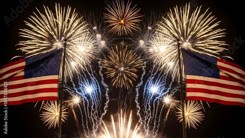 Celebratory Fireworks Display with Red, White, and Blue Flags and Illuminated Bursts