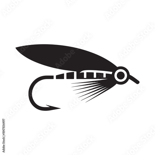 A detailed black and white illustration of a classic fishing fly lure