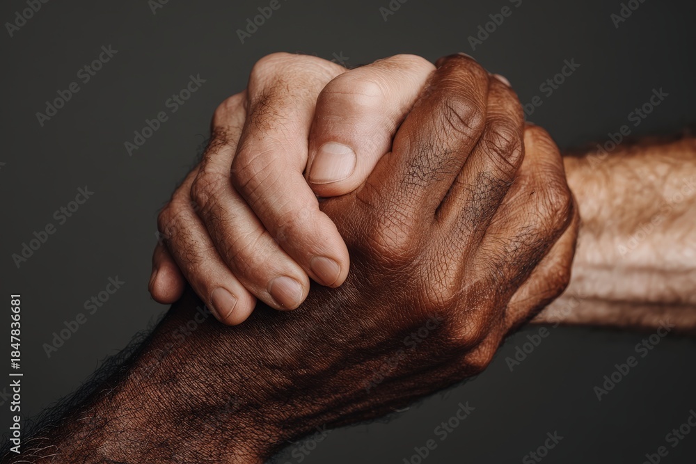 Fototapeta premium Diverse hands clasped together on dark isolated background
