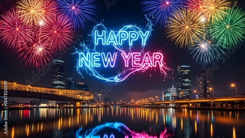 Happy New Year Neon Text Over City Skyline with Colorful Fireworks and Reflections