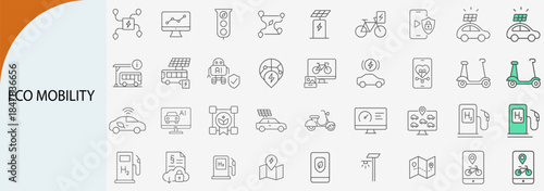 “eco mobility icon set, minimal vector design for green transport and smart city systems”