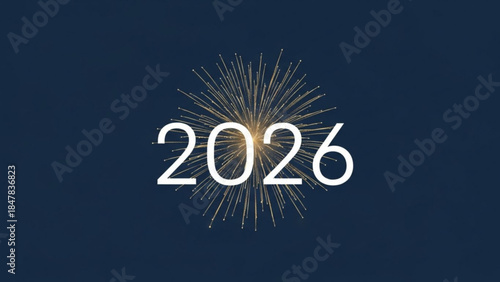 Golden fireworks exploding behind large white 2026 text on dark blue background for celebration