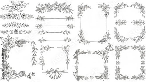Collection of detailed black and white christmas illustrations including wreaths, borders, holly, mistletoe, poinsettias, pine