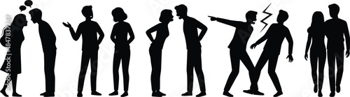 Interpersonal silhouette set, conflict to affection, body language icons, emotional interaction, black vector, isolated, stock illustration