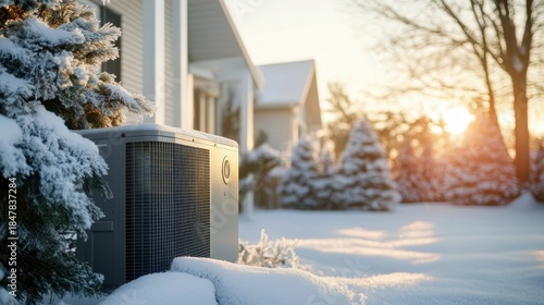 Stunning photo of Outdoor heat pump unit covered in snow during winter sunset