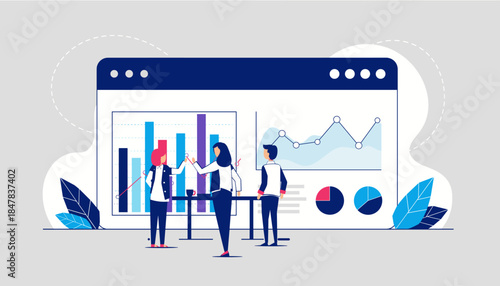 A team of business professionals collaboratively analyzes digital marketing data and financial reports displayed on a large screen, optimizing strategies for growth.
