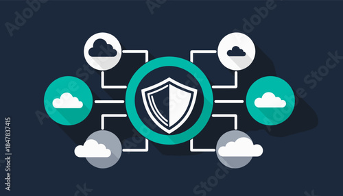 This illustration depicts a robust digital security shield protecting interconnected cloud computing networks, symbolizing data integrity and online privacy.