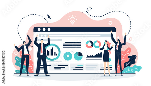 A team of business professionals celebrates successful data analysis and marketing strategy implementation with dynamic charts and graphs.
