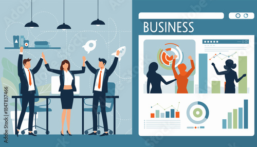 A dynamic illustration showcasing a successful business team celebrating achievements in a modern office environment, complemented by digital analytics and growth charts.