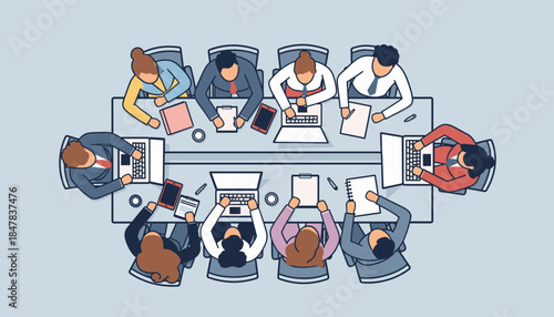 Diverse business professionals collaborate effectively around a large conference table, strategizing and analyzing data during an important corporate meeting.