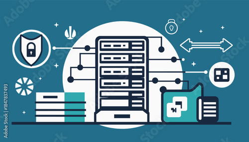 Modern data center concept illustration showcasing secure network infrastructure, server racks, and digital information flow for robust cybersecurity solutions.