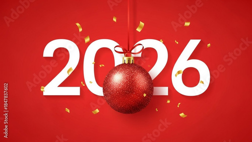 Red christmas ornament hanging on 2026 new year's celebration background with confetti
