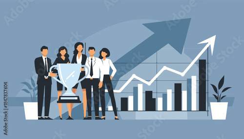 A successful business team celebrates their achievement with a trophy, symbolizing growth and excellent financial performance.
