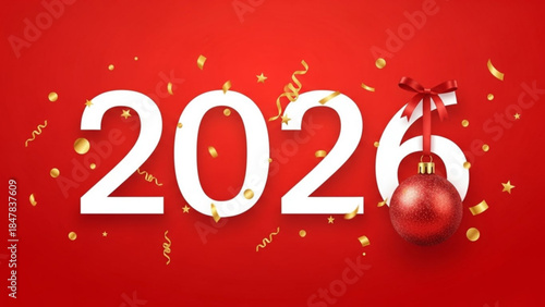 2026 new year celebration graphic with red background gold confetti and ornament
