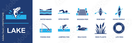 Lake icon set. Containing water waves, open water, wooden pier, row boat, kayak paddle, fishing rod, jumping fish, wild duck, reed plants, life ring and more. Solid vector icons