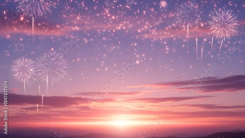 Festive Fireworks and Sparkling Lights Over Majestic Mountains During Sunset Glow