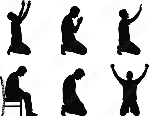 Prayer posture silhouette set, kneeling and seated poses, spiritual gesture, black vector, isolated, stock illustration, emotional expression