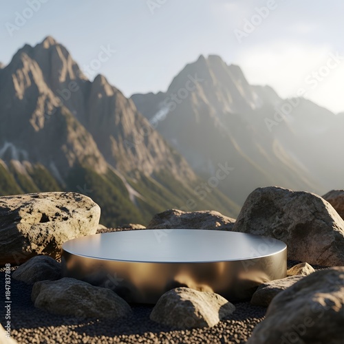 Minimalist Product Display Base in Wilderness with Textured Rocks and Sunlit Peaks