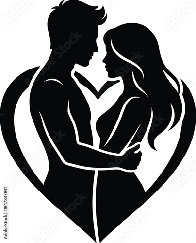 Romantic couple silhouette, heart embrace, love symbol, black vector, emotional connection, intimate pose, isolated, stock illustration