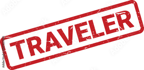 Red Traveler Rubber Stamp with Worn Texture Isolated on White Background for Business or Creative Uses