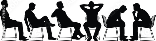 Seated posture silhouette set, body language icons, ergonomic poses, black vector design, isolated, stock illustration, psychology concept